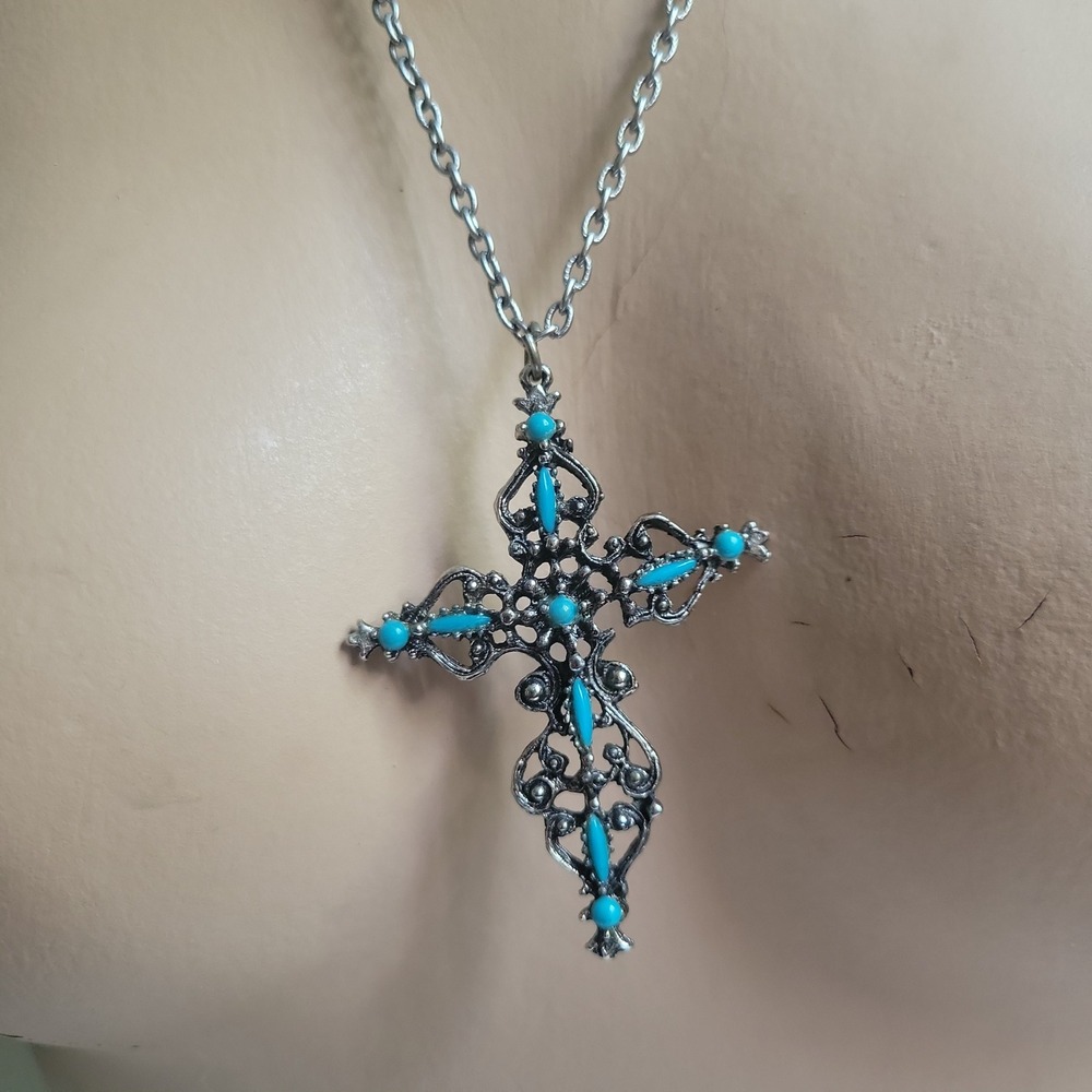 Vintage Silver Tone Blue Resin Ornate‎ Filigree Cross Pendant Necklace 90s